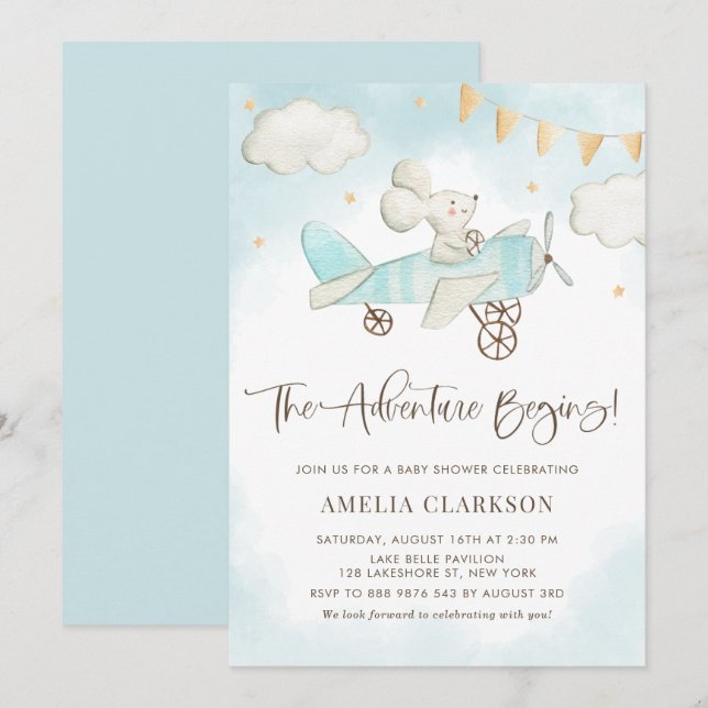 Invitation Aquarelle Baby Mouse Avion Baby shower bleu (Devant / Derrière)