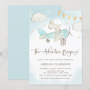 Invitation Aquarelle Baby Mouse Avion Baby shower bleu
