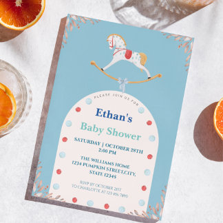 Invitation Aquarelle Baby shower bleu Cheval Rocse
