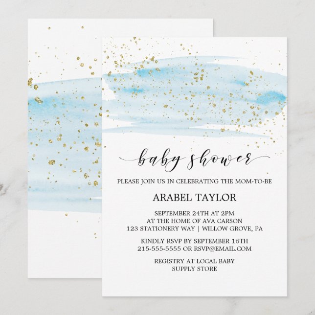 Invitation Aquarelle Baby shower bleu et or étincelle (Devant / Derrière)