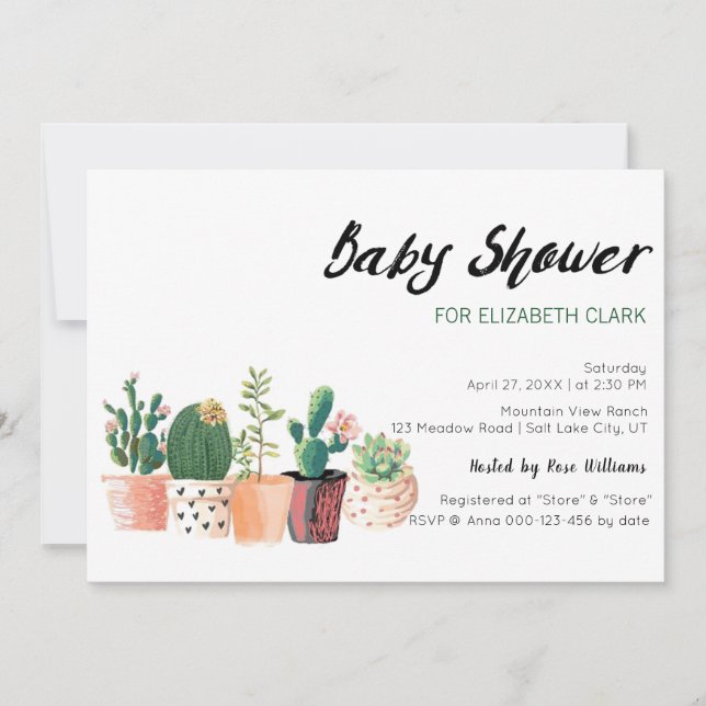 Invitation Aquarelle Baby shower Cactus et Pots Succulents (Devant)