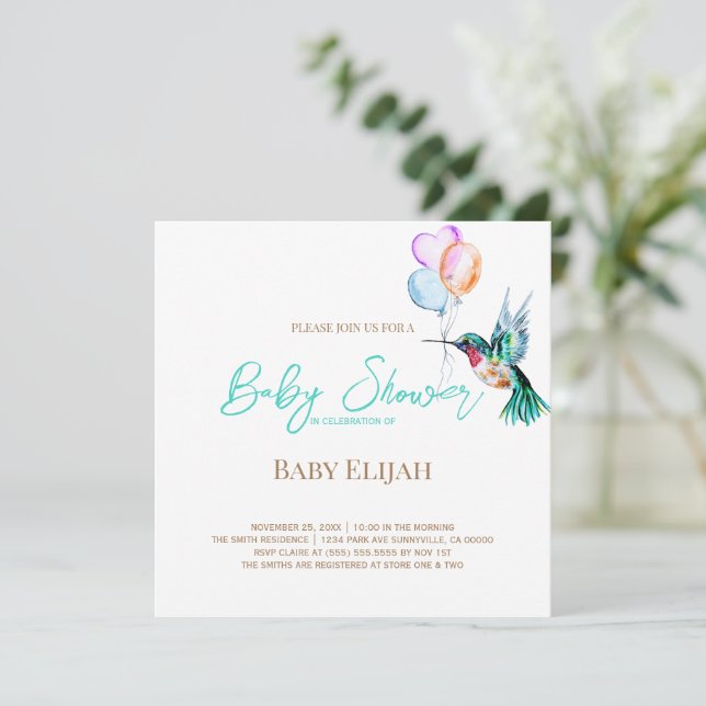 Invitation Aquarelle Baby shower colibri et ballons (Debout devant)