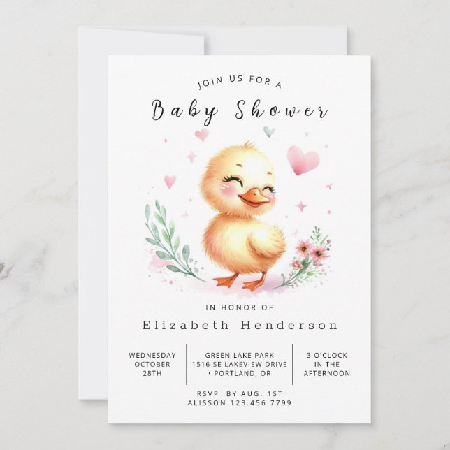 Invitation Aquarelle Baby shower de canard imprimable (Devant)