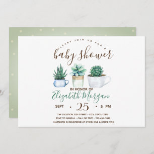 Invitation Aquarelle Baby shower de points de cactus succulen
