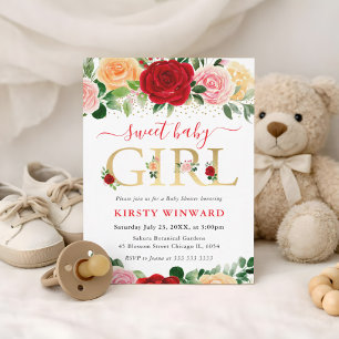 Invitation Aquarelle Baby shower de roses rouge et jaune