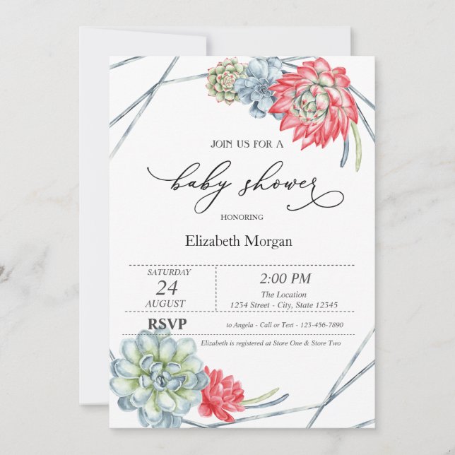 Invitation Aquarelle Baby shower de succulents rouges (Devant)