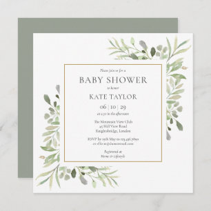 Invitation Aquarelle Baby shower de verdure or Saupoudrer