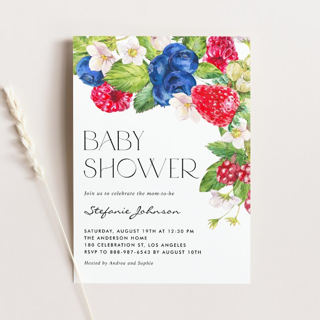 Invitation Aquarelle Baby shower d'été aux baies mixtes (Créateur téléchargé)