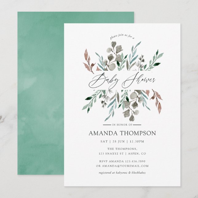 Invitation Aquarelle Baby shower d'hiver rustique (Devant / Derrière)