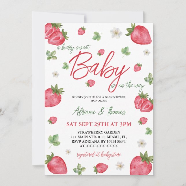 Invitation Aquarelle Baby shower Fille fraise (Devant)