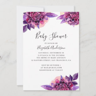 Invitation Aquarelle baby shower fleuri violet et rose