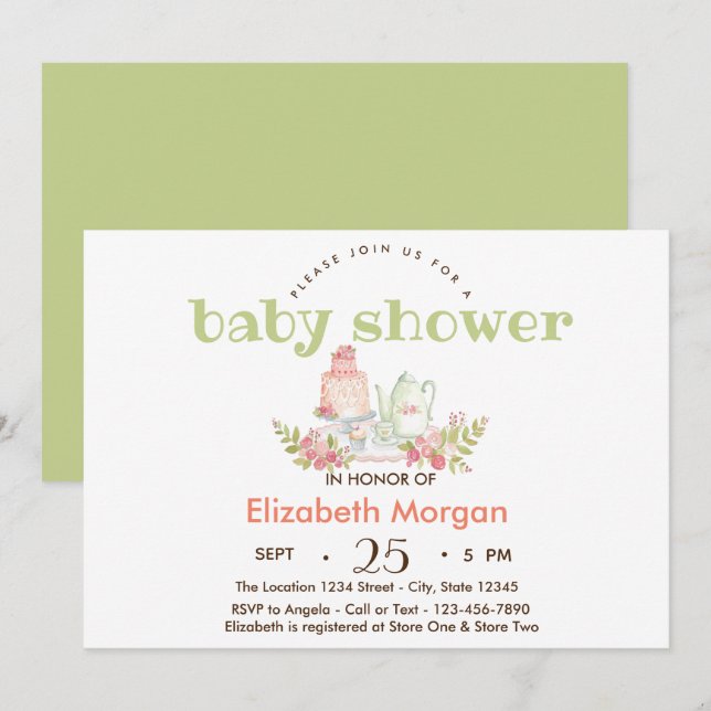 Invitation Aquarelle Baby shower Fleurs de théière (Devant / Derrière)