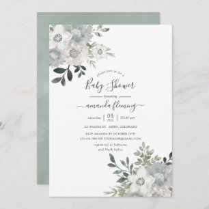 Invitation Aquarelle Baby shower floral argent Sage