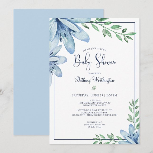 Invitation Aquarelle Baby shower Floral bleu (Devant / Derrière)