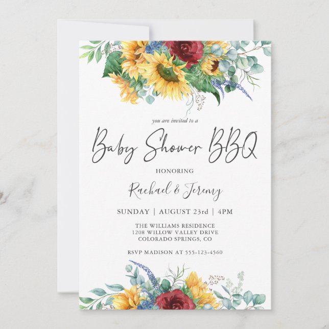 Invitation Aquarelle Baby shower Floral Fleurs de soleil BBQ (Devant)