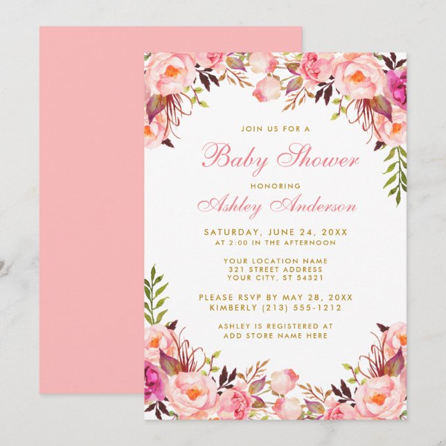 Invitation Aquarelle Baby shower Floral rose et or (Devant / Derrière)