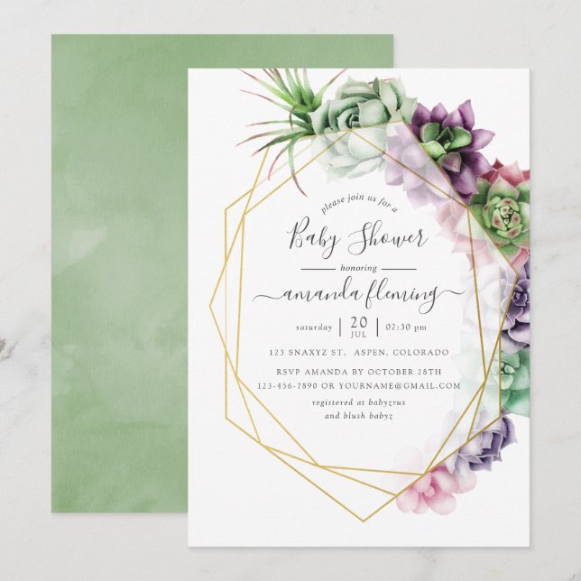 Invitation Aquarelle Baby shower géométrique Succulent (Devant / Derrière)