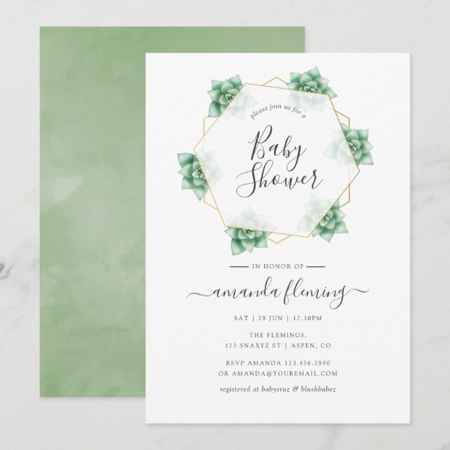 Invitation Aquarelle Baby shower géométrique Succulent (Devant / Derrière)
