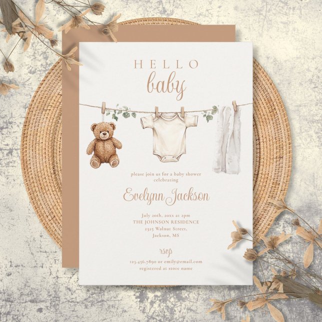 Invitation Aquarelle Baby shower neutre (Watercolor Clothesline Neutral Baby Shower Invitation)