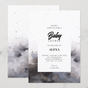 Invitation Aquarelle baby shower noir gris brouillard