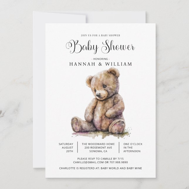 Invitation Aquarelle Baby shower Ours en Teddy (Devant)
