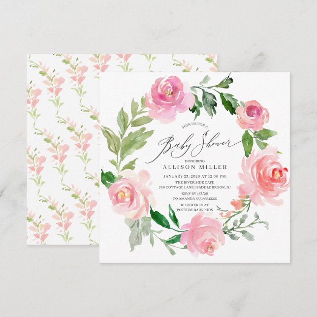 Invitation Aquarelle Baby shower rose (Devant / Derrière)