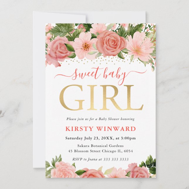 Invitation Aquarelle Baby shower rose et rouge Roses (Devant)