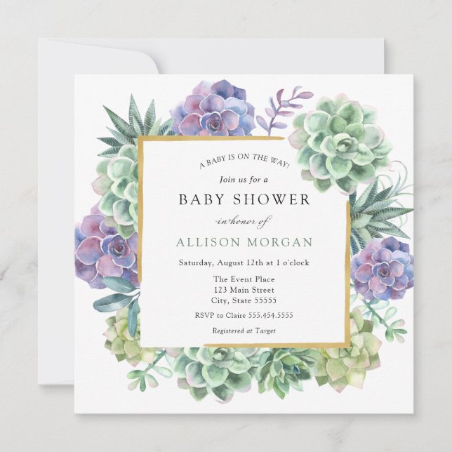 Invitation Aquarelle Baby shower Succulent (Devant)