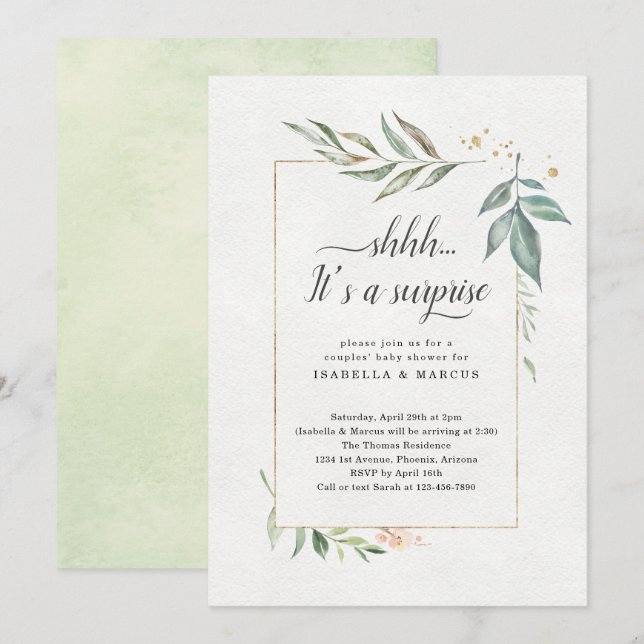 Invitation Aquarelle Baby shower surprise Couples Floral (Devant / Derrière)