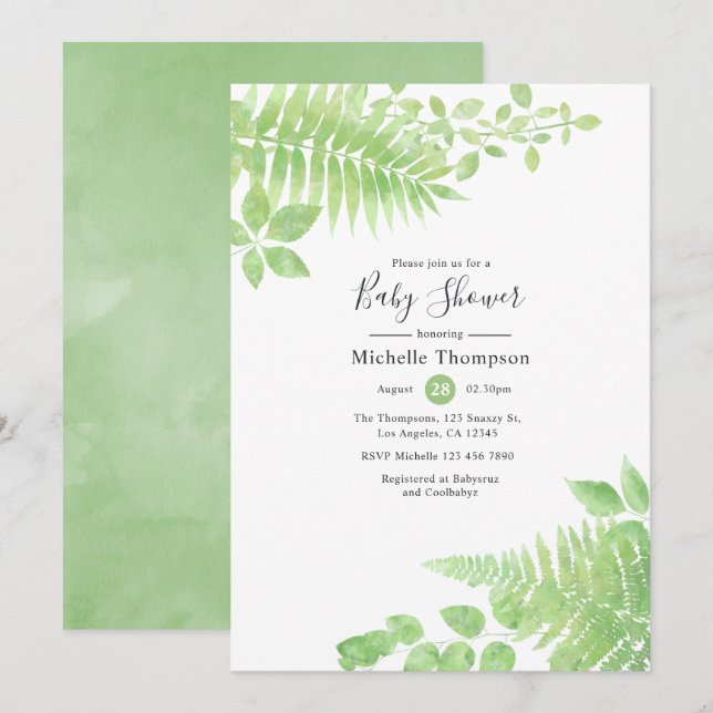 Invitation Aquarelle Baby shower verdoyant (Devant / Derrière)