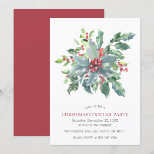 Invitation Aquarelle Baies rouges Holly Noël Party