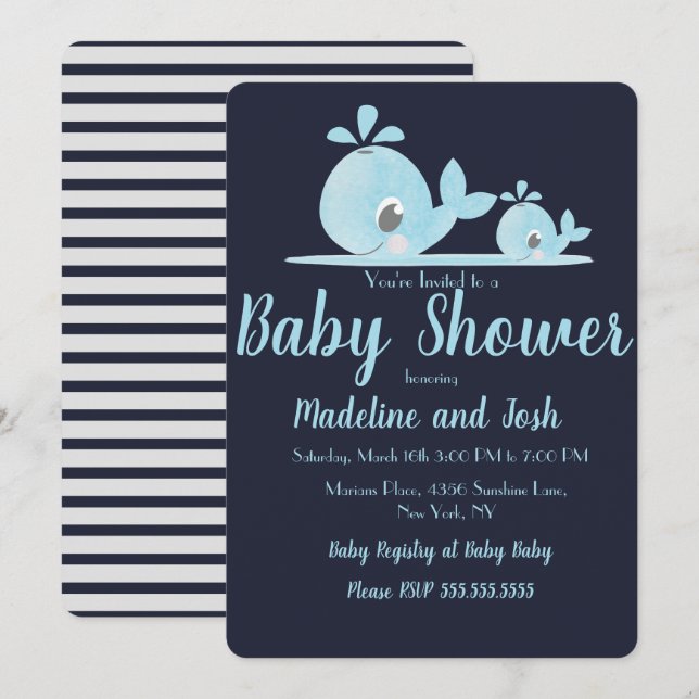 Invitation Aquarelle Baleine Baby shower Bleu rayé (Devant / Derrière)