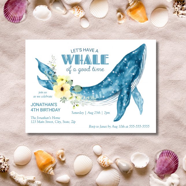 Invitation Aquarelle Baleine Jaune Fleur fête d'anniversaire (Créateur téléchargé)