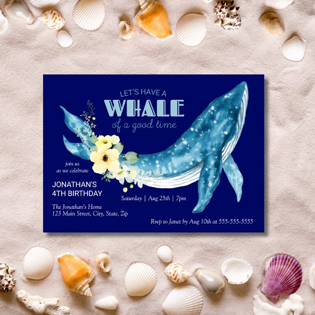 Invitation Aquarelle Baleine Jaune Florale Marine fête d'anni (Créateur téléchargé)
