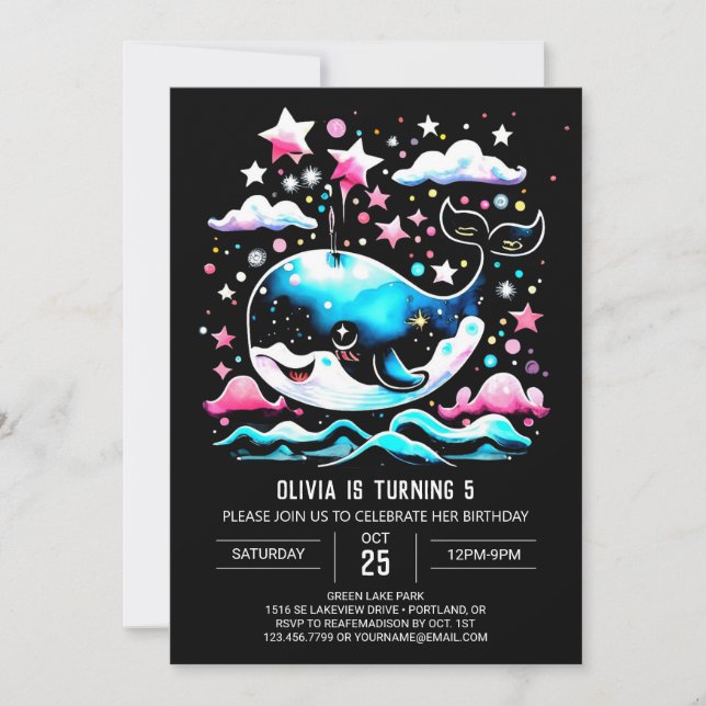 Invitation Aquarelle Baleine rose modifiable Anniversaire (Devant)