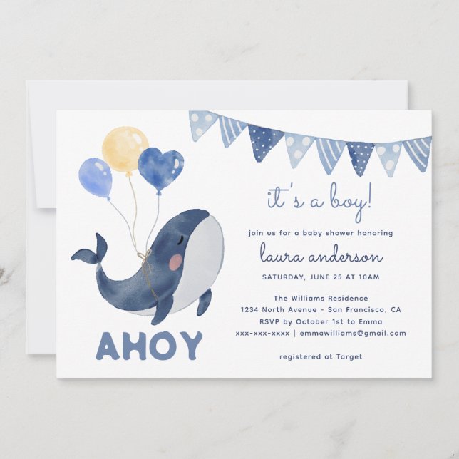 Invitation Aquarelle Baleines Ahoy c'est un Baby shower garço (Devant)