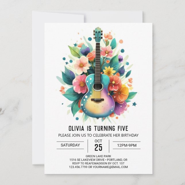 Invitation Aquarelle Ballad Guitare Anniversaire (Devant)