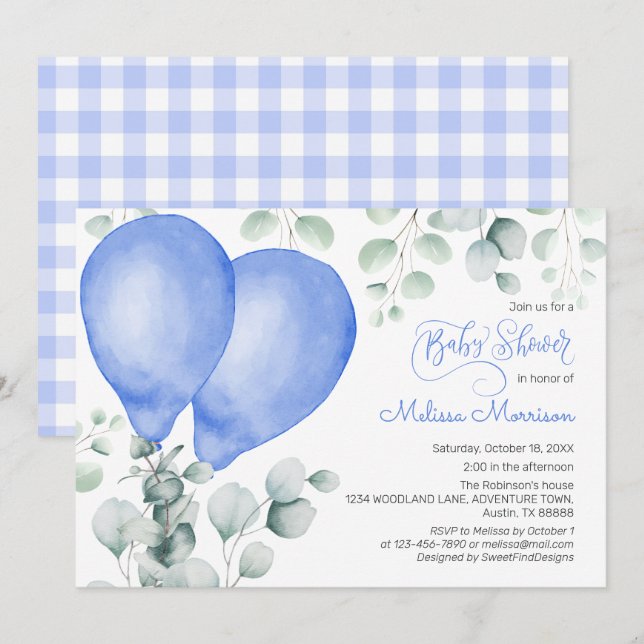 Invitation Aquarelle Ballons bleu Cute En vichy Baby shower (Devant / Derrière)
