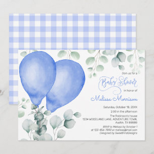 Invitation Aquarelle Ballons bleu Cute En vichy Baby shower