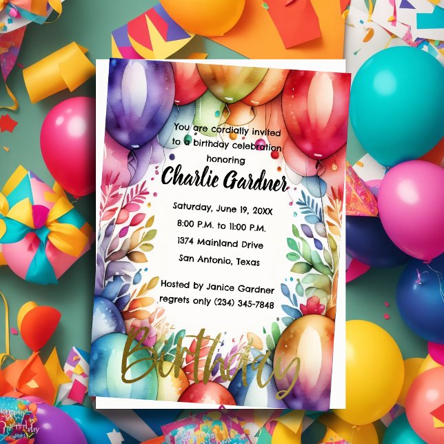 Invitation Aquarelle Ballons d'anniversaire coloré (Créateur téléchargé)