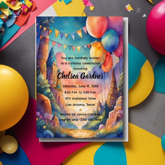 Invitation Aquarelle Ballons d'anniversaire Imaginaire Paysag (Créateur téléchargé)