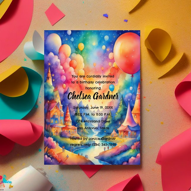 Invitation Aquarelle Ballons d'anniversaire Imaginaire Paysag (Créateur téléchargé)