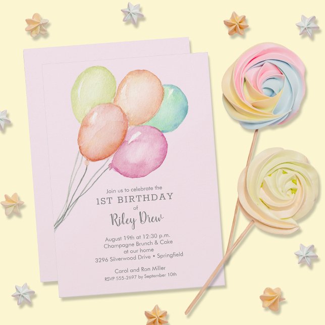 Invitation Aquarelle Ballons fille 1er anniversaire (Créateur téléchargé)