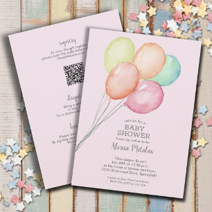 Invitation Aquarelle Ballons rose Bébé tout en une douche