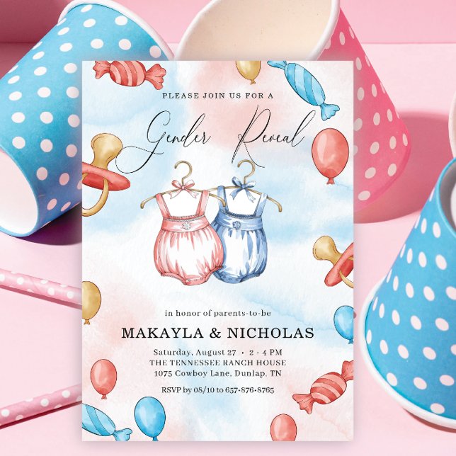 Invitation Aquarelle ballons Vêtements de bébé Révélation de  (Créateur téléchargé)