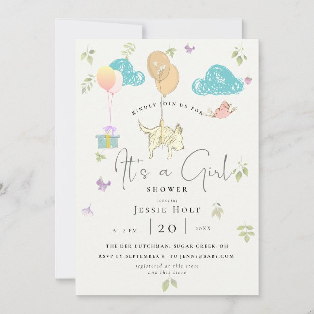 Invitation Aquarelle Balloon Chiot bébé fille Douche (Devant)
