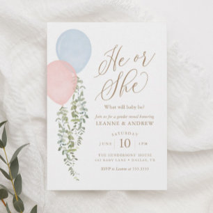Invitation Aquarelle Balloons Eucalyptus Sexe Révéler