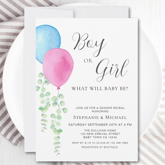 Invitation Aquarelle Balloons Eucalyptus Sexe Révéler (Créateur téléchargé)