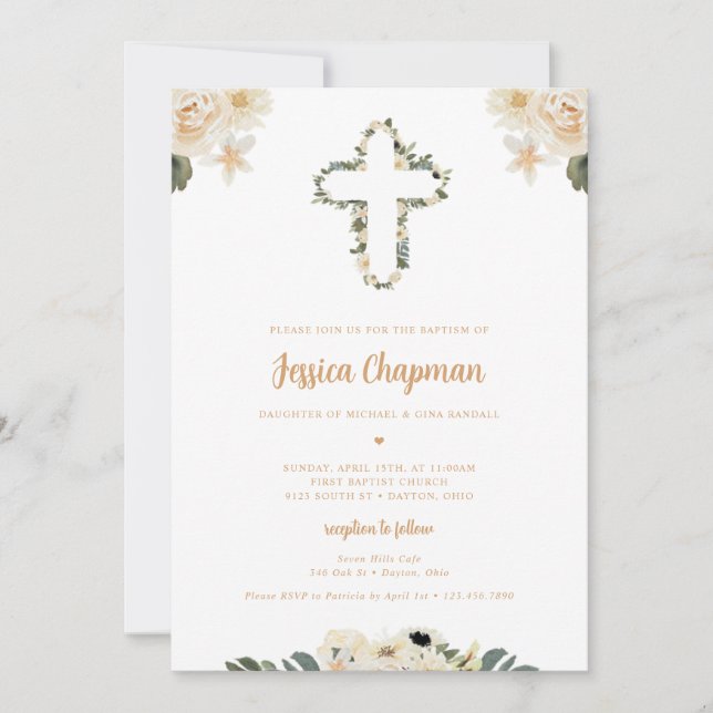Invitation Aquarelle Baptême Floral (Devant)