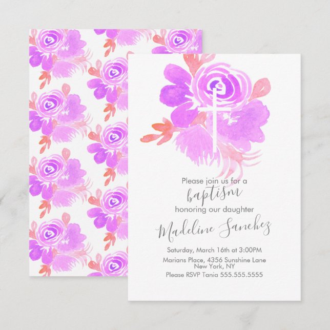 Invitation Aquarelle Baptême Floral Purple Bébé Dédication (Devant / Derrière)